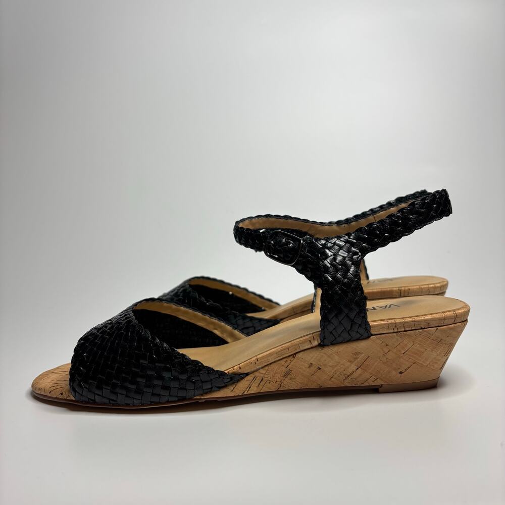 Vaneli Hisa Wedge Low Heel Leather Ankle Strap Sandals in Black Trapper